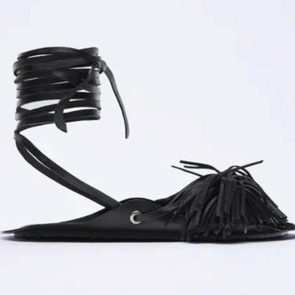 Zara Black Flat Fringe Gladiator Sandal